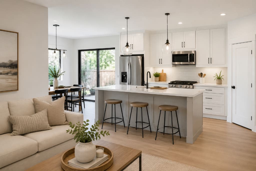 Modern California kitchen and living space remodeled by EC Construction Group